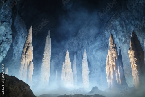 Mystical Subterranean Cavern with Shimmering Crystal Stalagmites and Ethereal Bioluminescent Fungi photo