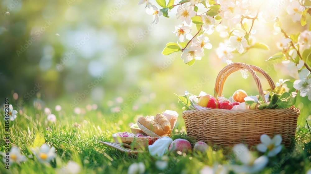 A picnic scene with a basket of fruits surrounded by flowers in a sunlit meadow. A picnic scene with a basket of fruits surrounded by flowers in a sunlit meadow.