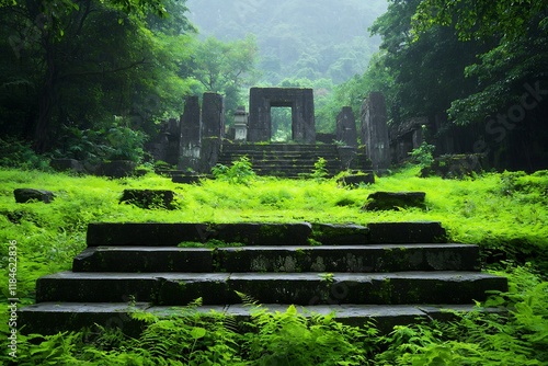 Resurrected Ancient Ecosystem with Mystical Overgrown Ruins and Weathered Stonework photo