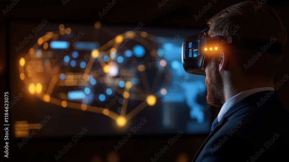Business professional immersed in virtual reality, analyzing futuristic digital interface, exploring technology innovations and data visualization. Business professional immersed in virtual reality, analyzing futuristic digital interface, exploring technology innovations and data visualization.