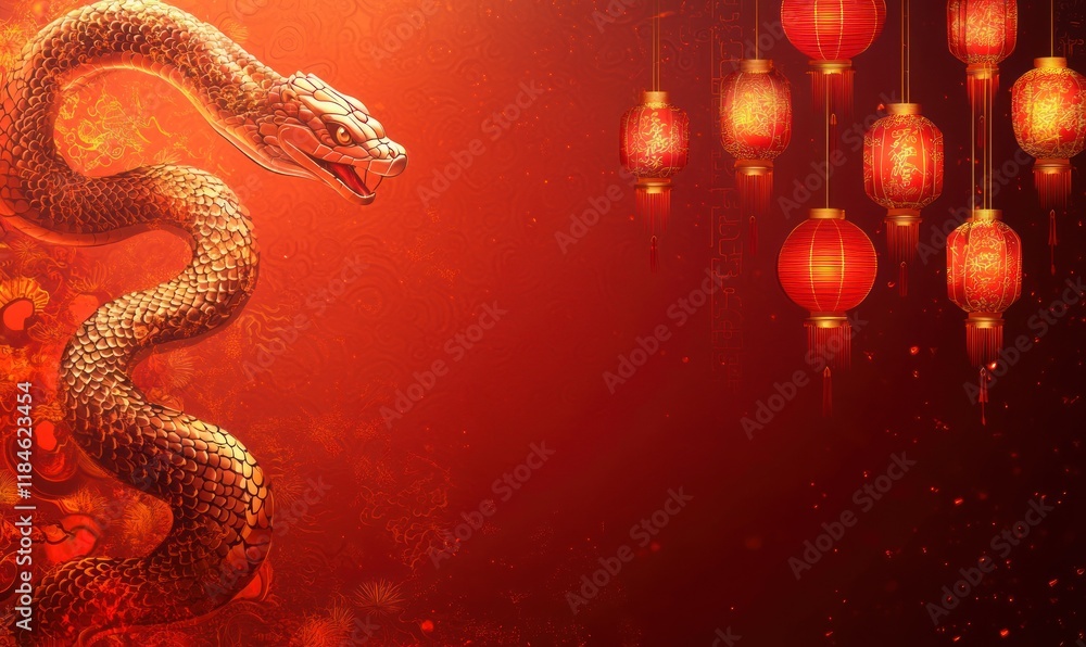 Fototapeta premium Golden snake Chinese New Year lanterns background design
