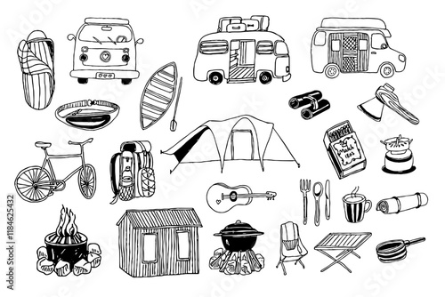 Camping. Campfire, tents, camping car, bike, guitare, canoe. Hand drawn vector isolated set.