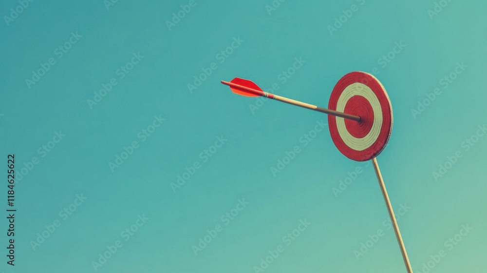 A red and white bullseye target with an arrow striking the center against a blue sky. A red and white bullseye target with an arrow striking the center against a blue sky.