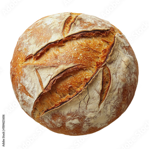 A round loaf of sourdough bread with a golden brown crust and cracked surface. photo