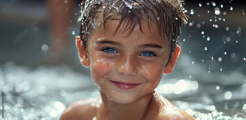 Obraz premium A smiling boy with bright blue eyes plays in a pool, surrounded by droplets of water in a warm sunlit setting. His joy reflects the carefree spirit of summer.