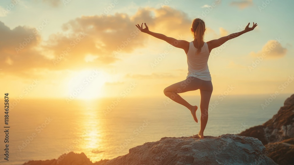 Woman meditates, ocean sunset backdrop. Woman meditates, ocean sunset backdrop.
