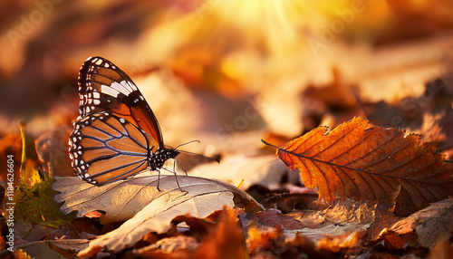 butterfly on autumn leaves on the ground