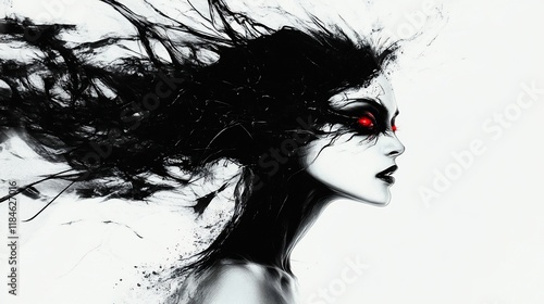 Dark haired woman with red eyes and black ink like hair. photo