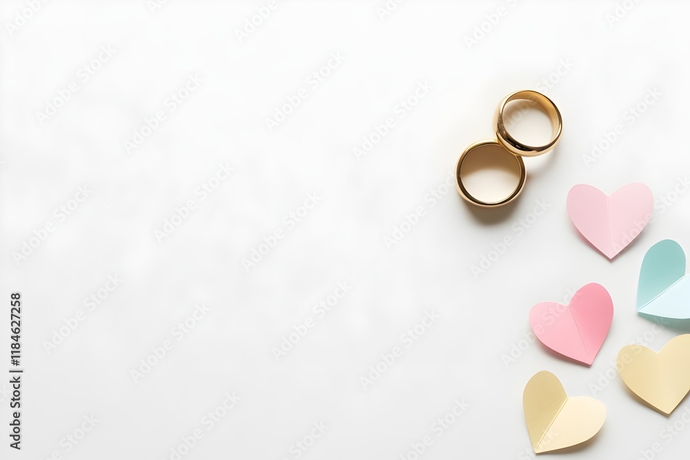 pure white romantic setting with golden rings and paper hearts for wedding stationary or decor ideas pure white romantic setting with golden rings and paper hearts for wedding stationary or decor ideas