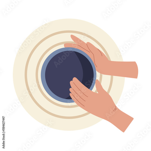 Pottery studio. Pottery workshop. Top view. A potter sculpts a clay pot on a potter's wheel. Vector illustration. 