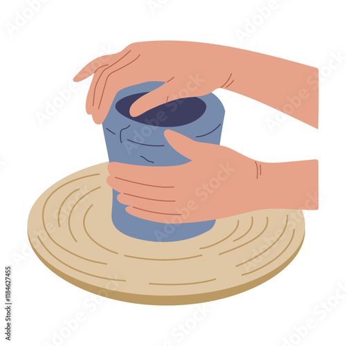 Pottery studio. Pottery workshop. Top view. A potter sculpts a clay pot on a potter's wheel. Vector illustration. 