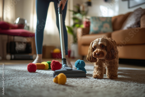 woman vacuuming the carpet in a living room. Dog toys are scattered on the floor, with a red Cockapoo dogHome cleaning product ads, lifestyle campaigns, pet-related marketing, furniture promotions,  photo