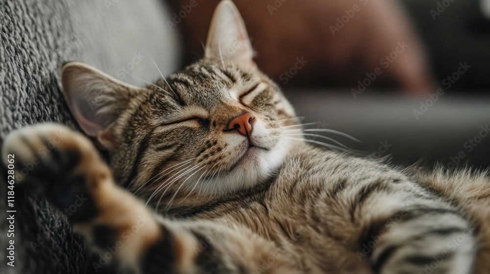 Naklejka premium Sleeping Tabby Cat on a Couch