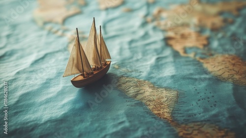 Fototapeta Naklejka Na Ścianę i Meble -  Wooden sailboat model on world map.