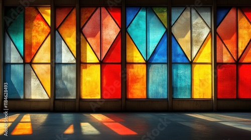 Colorful stained glass window with light beams.