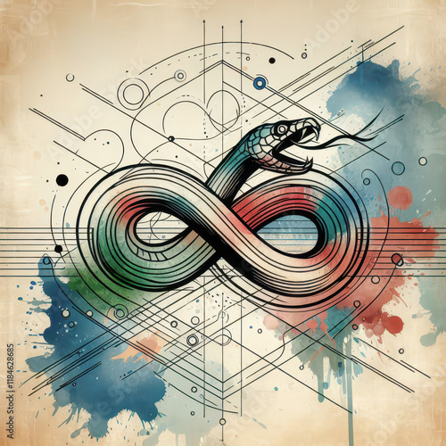 snake coiled into infinity symbol watercolor tattoo concept