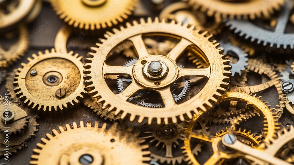Close-up of intricate golden gears interlocked, depicting complex mechanism. Close-up of intricate golden gears interlocked, depicting complex mechanism.