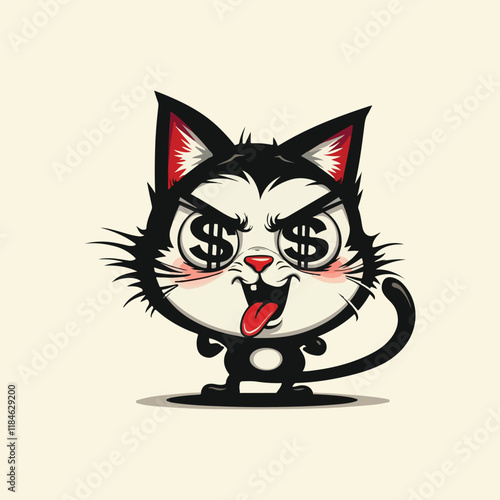 Black and white cartoon cat with a playful smirk, vector illustration in a charming and fun art style