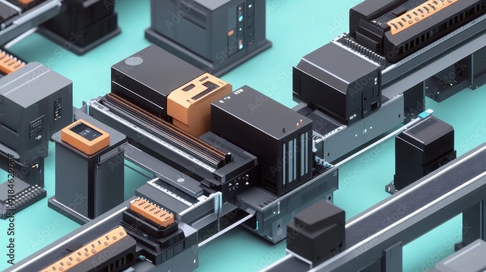 A modern assembly line producing electronic gadgets in a sleek industrial setting. - A modern assembly line producing electronic gadgets in a sleek industrial setting. -
