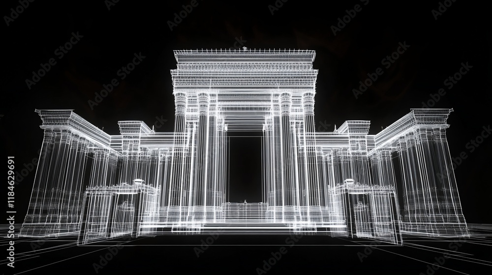 Obraz premium Wireframe rendering of a grand classical archway and gate.