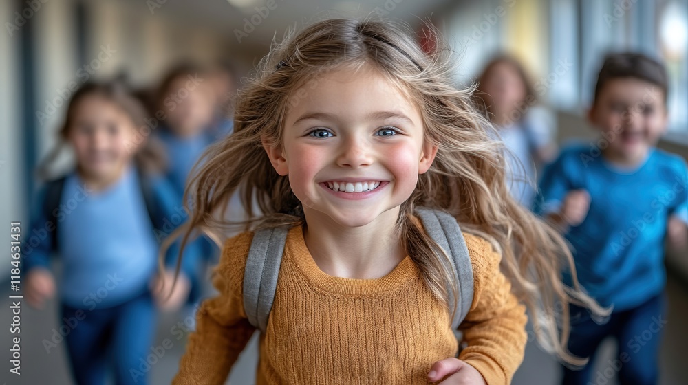 A joyful girl runs with friends in a school hallway, showcasing happiness and childhood energy. A joyful girl runs with friends in a school hallway, showcasing happiness and childhood energy.