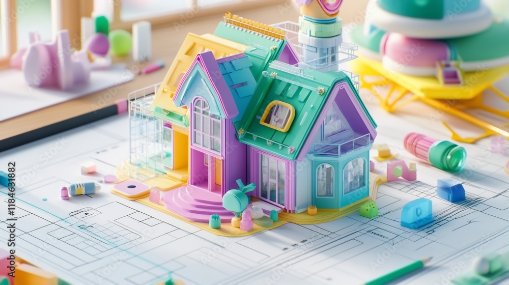 Fototapeta premium Colorful miniature house model on architectural blueprints, surrounded by design elements.