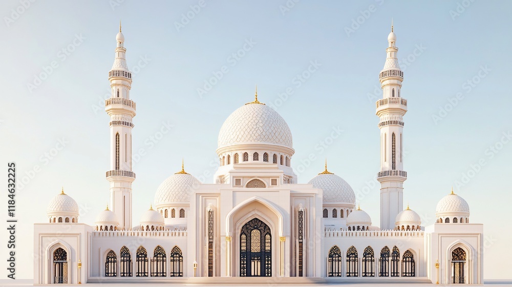 Naklejka premium Majestic white mosque with two minarets under a clear sky.