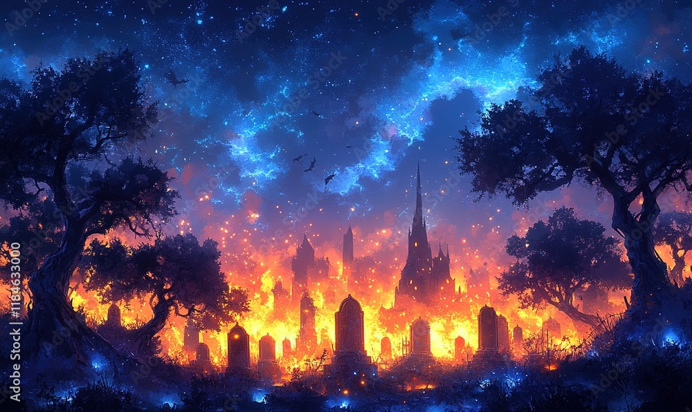A fiery, mystical landscape depicting a burning city amidst dark trees and a starry sky. A fiery, mystical landscape depicting a burning city amidst dark trees and a starry sky.