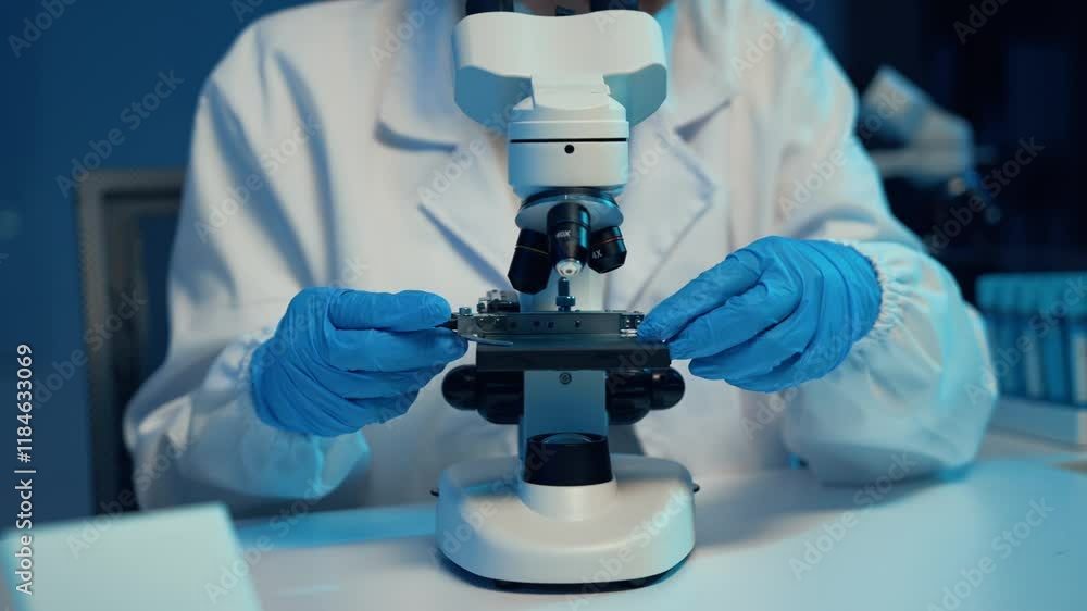 Laboratory professional preparing microscope slide with precision, examining biological sample through eyepiece in research environment Laboratory professional preparing microscope slide with precision, examining biological sample through eyepiece in research environment