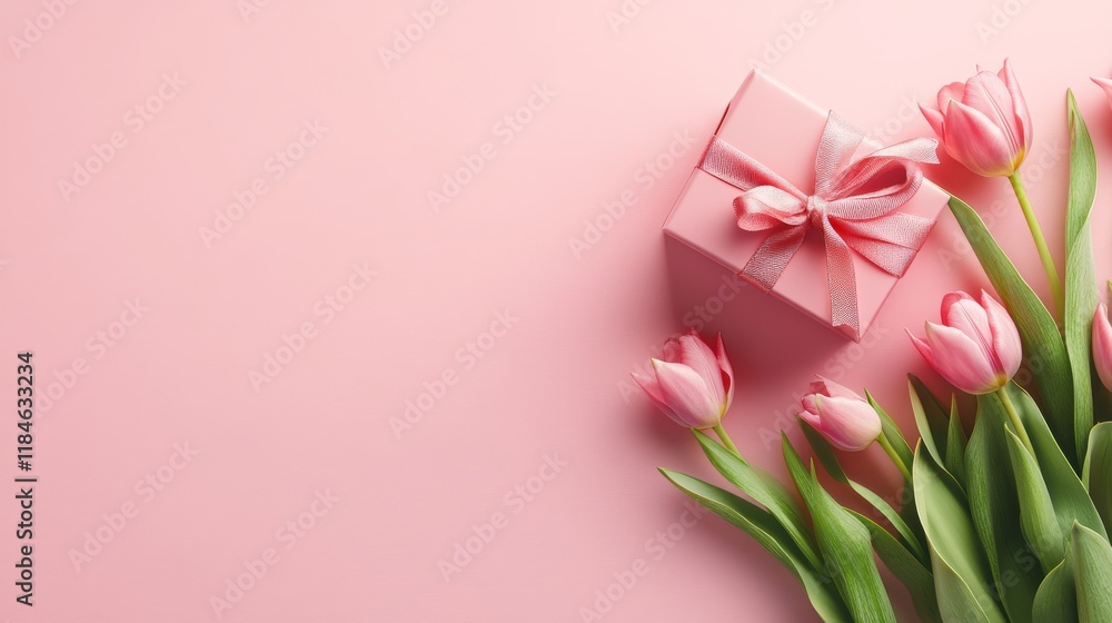 Mother's Day concept. Top view photo of stylish pink giftbox with ribbon bow and bouquet of tulips on isolated pastel pink background with copyspace Mother's Day concept. Top view photo of stylish pink giftbox with ribbon bow and bouquet of tulips on isolated pastel pink background with copyspace