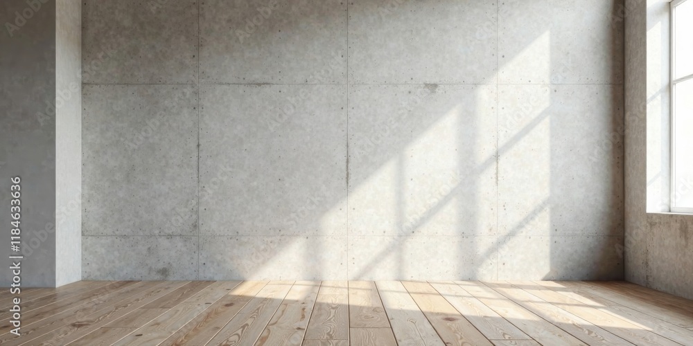 Empty Room with Concrete Wall and Wooden Floor, Sunlit Corner Ideal for Interior Design and Real Estate Presentation Empty Room with Concrete Wall and Wooden Floor, Sunlit Corner Ideal for Interior Design and Real Estate Presentation
