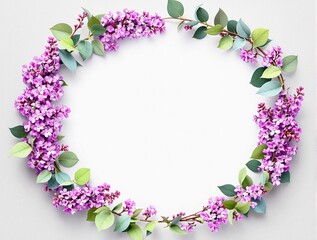 Purple lilac and eucalyptus floral wreath on soft gray background