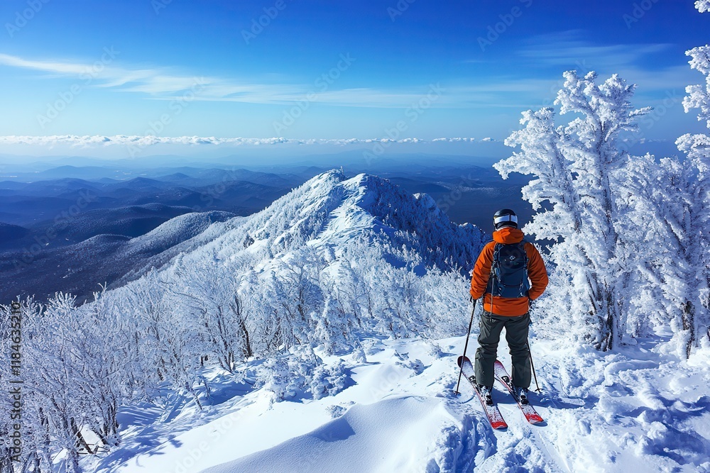 Skier Enjoys the Stunning Winter Panorama From a Snowy Mountain Peak Under a Clear Blue Sky. Generative AI Skier Enjoys the Stunning Winter Panorama From a Snowy Mountain Peak Under a Clear Blue Sky. Generative AI