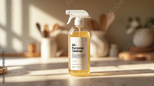 A bottle of all-purpose cleaner stands on a kitchen counter, showcasing its practical design.