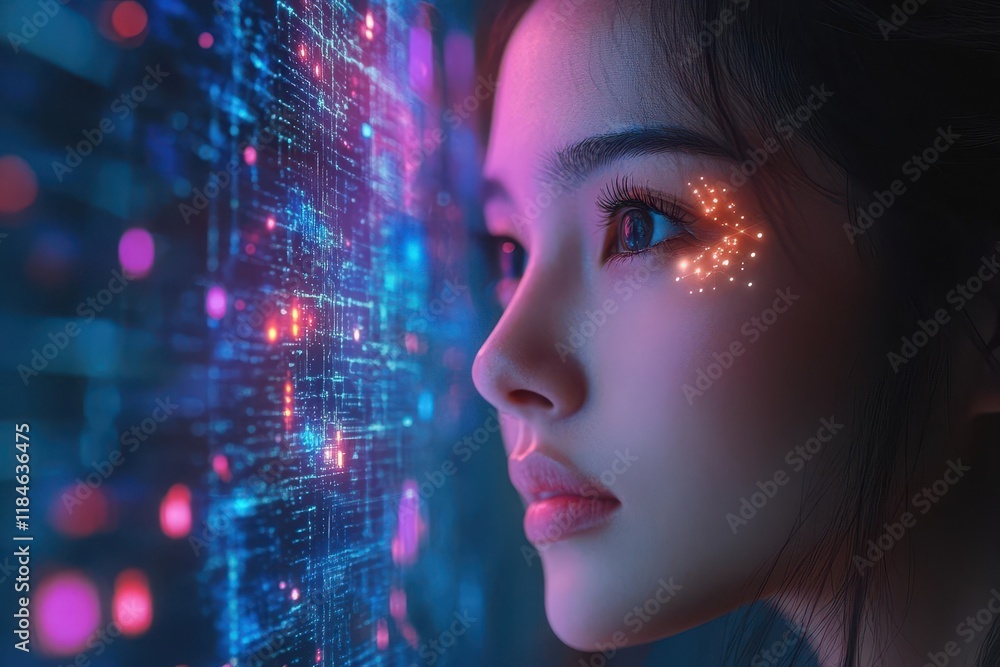 female digital artist in modern studio space interacting with holographic interface creative technology visualization with purple and blue light effects female digital artist in modern studio space interacting with holographic interface creative technology visualization with purple and blue light effects