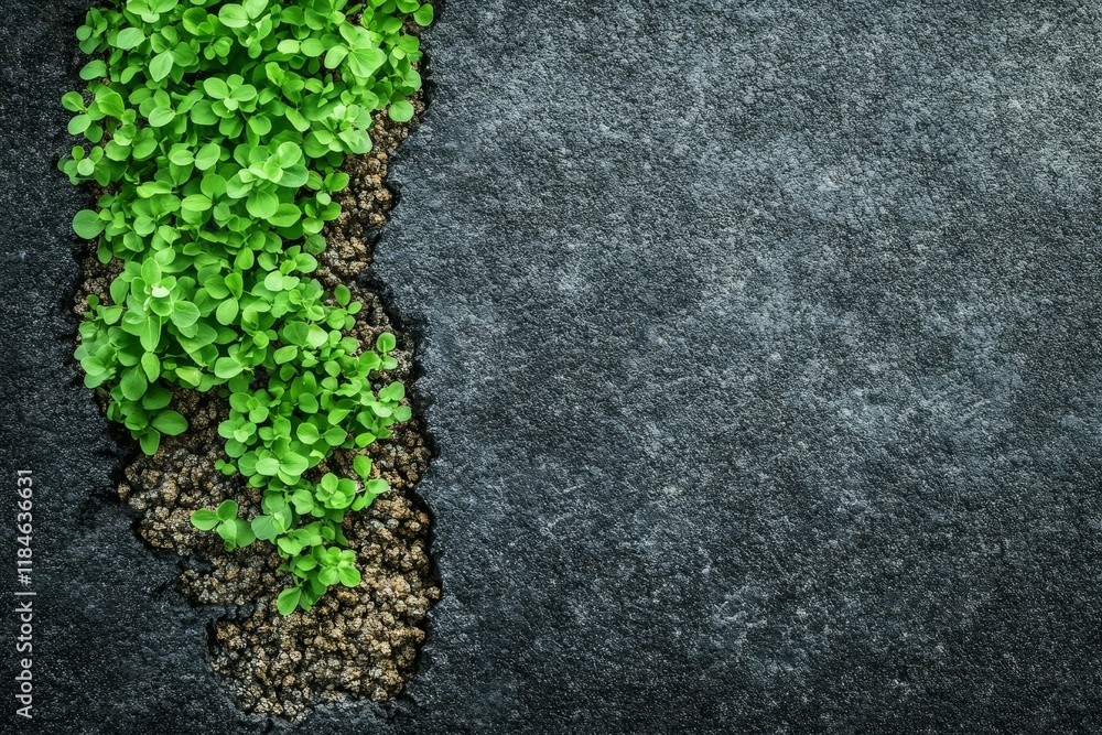 Naklejka premium Green plants sprout from dark surface crack.