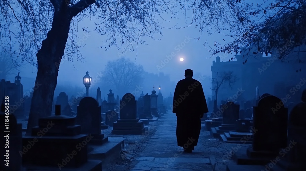 Silhouette of a monk walking alone in a foggy cemetery at night. Silhouette of a monk walking alone in a foggy cemetery at night.