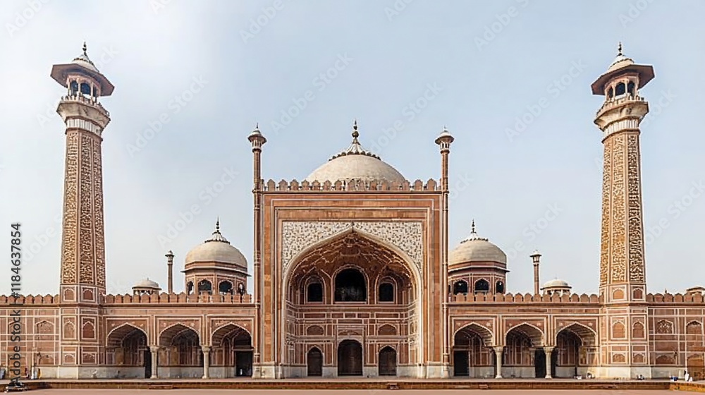 Fototapeta premium Majestic mosque facade, symmetrical architecture, red sandstone, twin minarets, intricate carvings, arched entryway, domes.