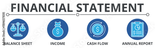 Financial statement with balance sheet, income, cash flow, annual report, icon concept illustration