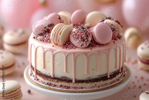 festive birthday cake decorated with rainbow sprinkles colorful macarons and gold balloons on millennial pink background with party elements
