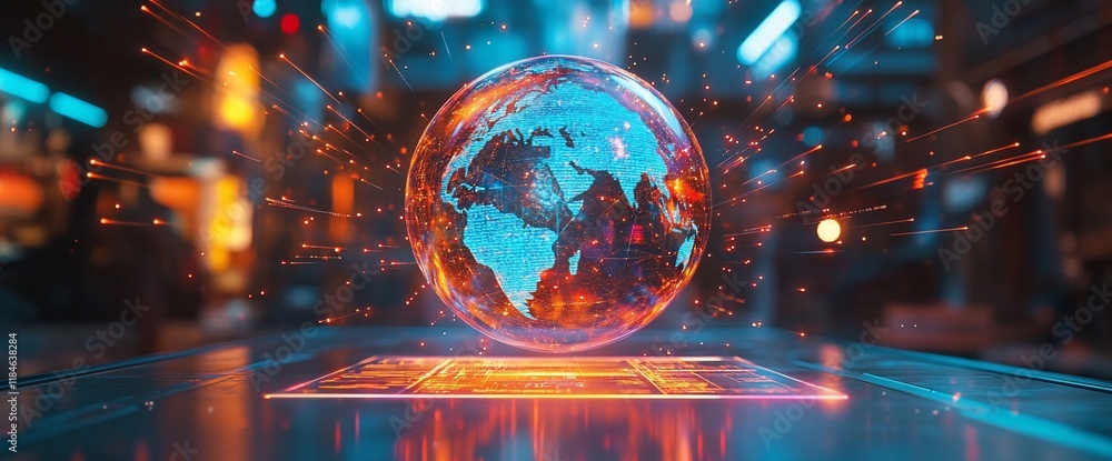 Fototapeta premium Futuristic glowing Earth globe on digital platform.