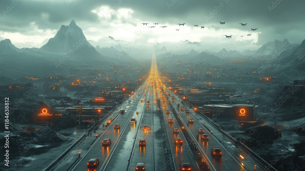 Futuristic highway with heavy traffic, drones flying overhead, and mountainous backdrop under a stormy sky. Futuristic highway with heavy traffic, drones flying overhead, and mountainous backdrop under a stormy sky.
