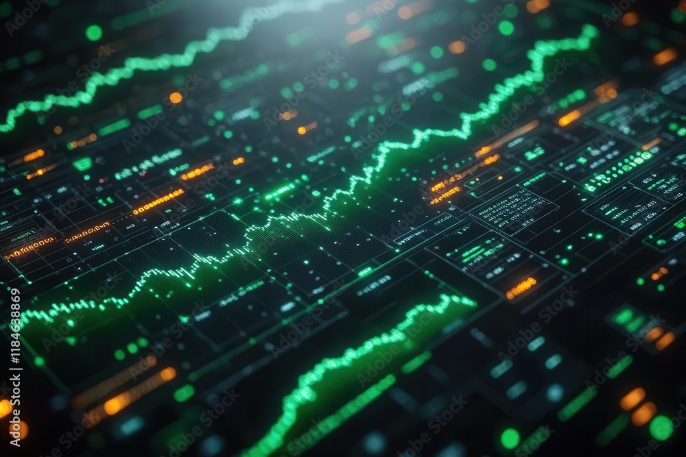 futuristic financial data visualization with glowing green trading charts and market analysis graphs on dark background with digital interface futuristic financial data visualization with glowing green trading charts and market analysis graphs on dark background with digital interface