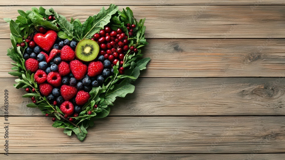 A heartshaped arrangement of leafy greens and bright berries at a Valentines market, romantic setup, healthy romance, festive produce A heartshaped arrangement of leafy greens and bright berries at a Valentines market, romantic setup, healthy romance, festive produce