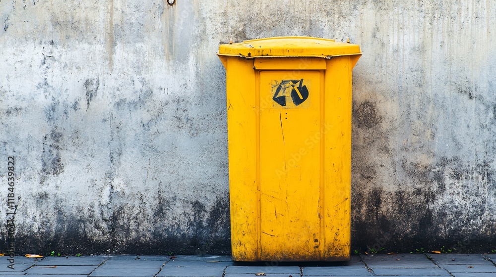 Yellow garbage can next to a weathered gray concrete wall. Yellow garbage can next to a weathered gray concrete wall.