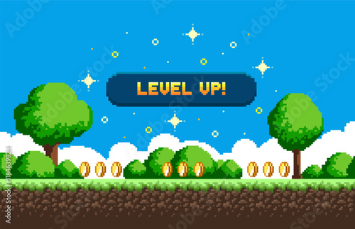 Pixel art game background with button level up. Game design concept in retro style. Vector illustration. Game screen pixel