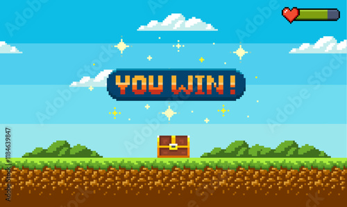 Pixel art game background with grass, sky and you won game 8-bit text. Game screen pixel.