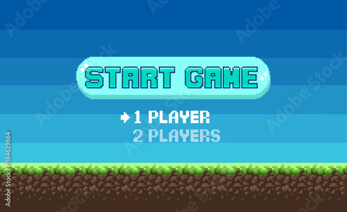 Pixel art game background with grass, sky and start new game 8-bit text. Game screen pixel.