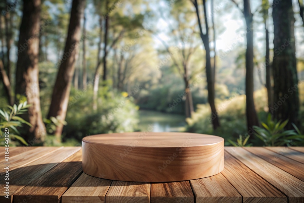 Fototapeta premium Mocku up template a round wooden table with a blurred background lake and trees. Product Presentation