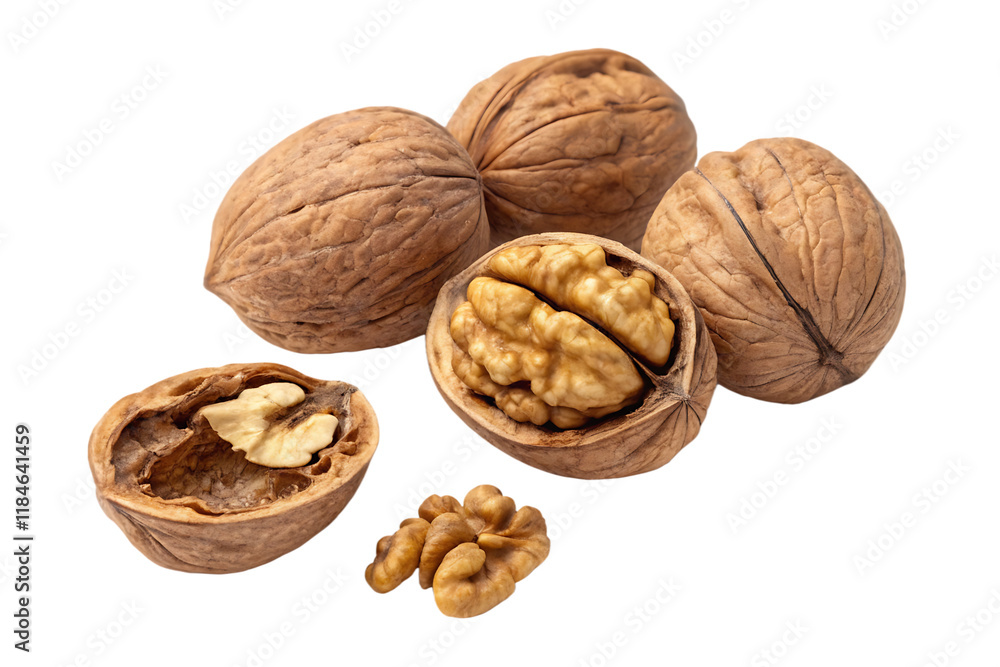 A whole walnut and a cracked walnut isolated on white background PNG.AI GENERATED A whole walnut and a cracked walnut isolated on white background PNG.AI GENERATED